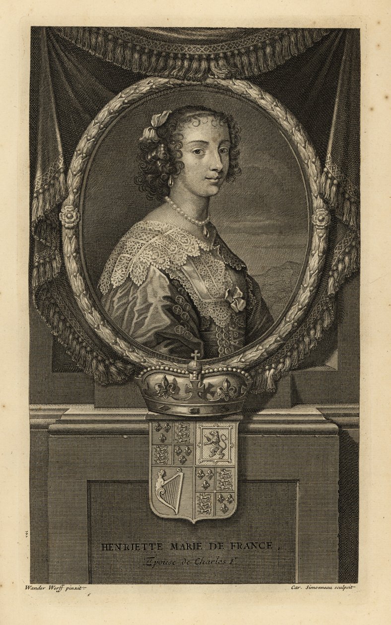 Henrietta Maria av Frankrike, hustru till kung Karl I av England. Henriette Marie de France. I klänning med spetskrage, pärlhalsband. Med krona och vapen. Kopparstick av Charles Simonneau efter Adriaen van der Werff från Isaac de Larreys H av Adriaan van der (after) Werff