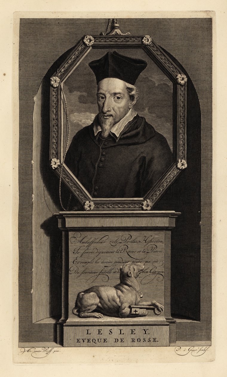 John Lesley, skotsk historiker och biskop av Ross. Biskop av Rosse. Hund med nyckel. Kopparstick av Pieter Stevens van Gunst efter Adriaen van der Werff från Isaac de Larreys Histoire d
