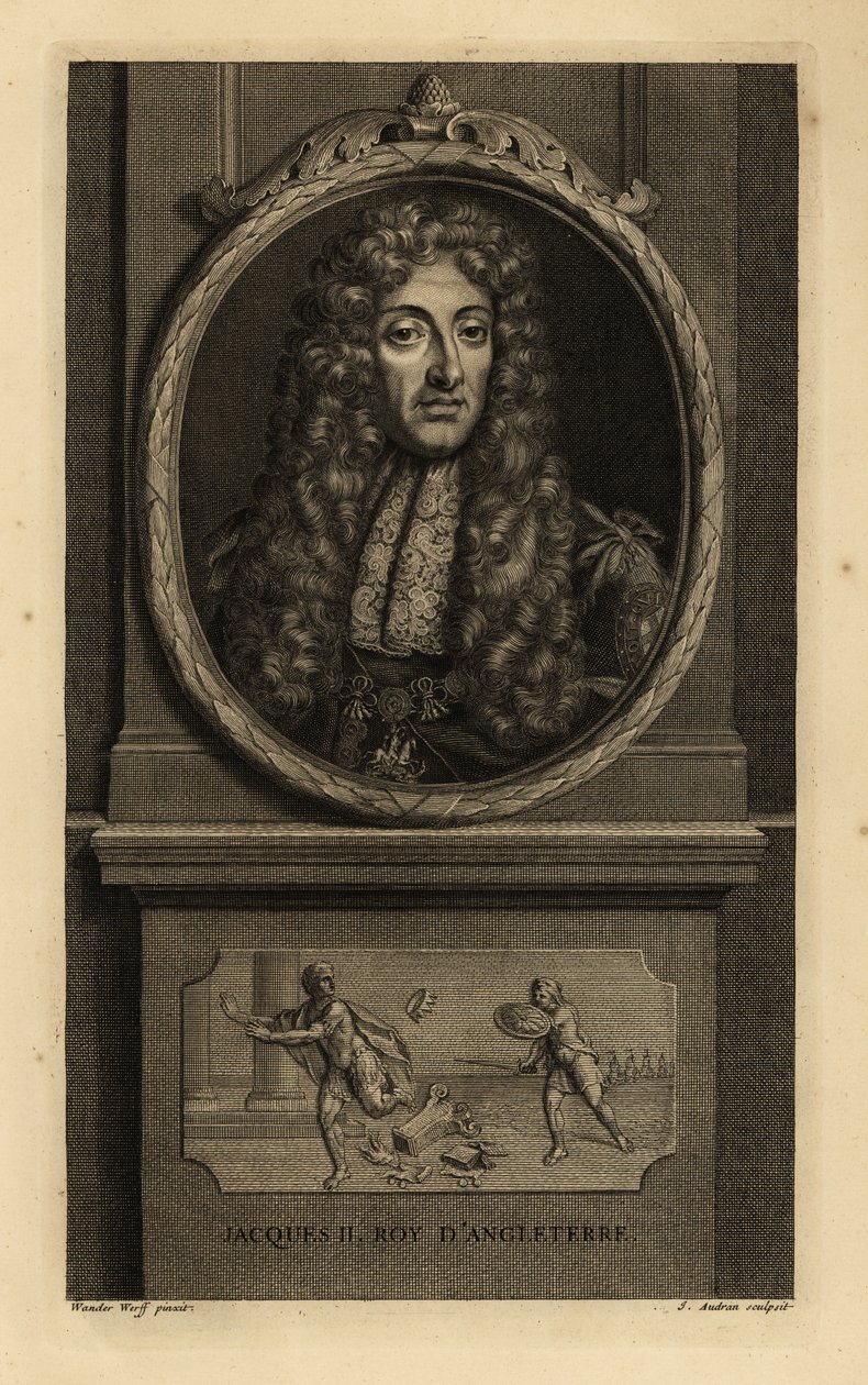 Kung James II av England, James VII av Skottland, Jacques II Roy d’Angleterre. I peruk, spetsduk, kedja med figur av St. George och draken. Vinjett visar en romersk kejsare som förlorar sin krona till en soldat. Kopparstick av Jean Audran efter Ad av Adriaan van der (after) Werff