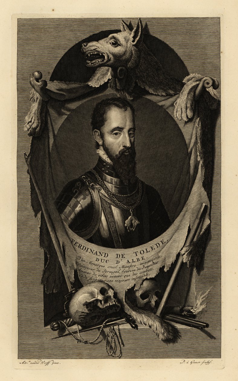 Porträtt av Ferdinand Alvarez de Toledo y Pimentel, 3:e hertigen av Alba, eller järnhertigen. I rustning med kedja av det gyllene skinnet. Med vargskinn, människoskallar, svärd, dolk och flintlåspistol. Ferdinand de Tolede, Duc d