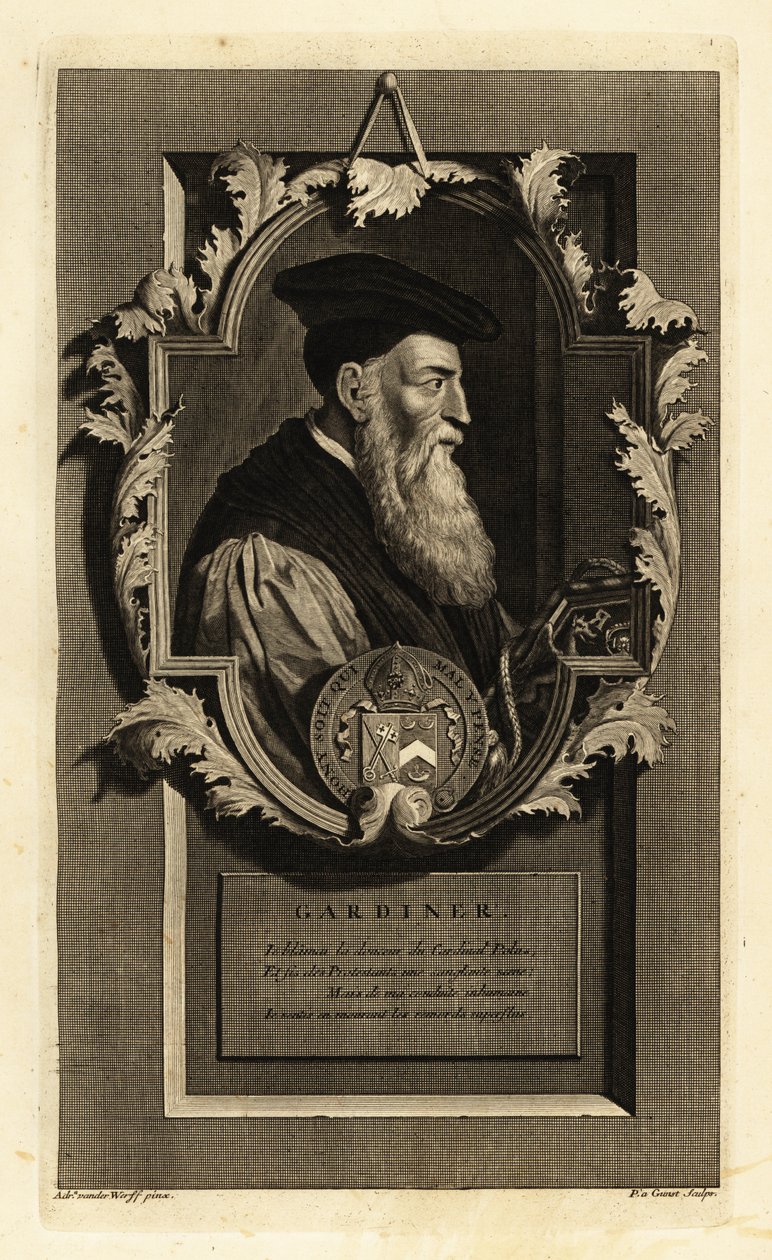 Porträtt av Stephen Gardiner, biskop av Winchester och politiker. Med vapen. Kopparstick av Pieter Stevens van Gunst efter Adriaen van der Werff från Isaac de Larreys Histoire d