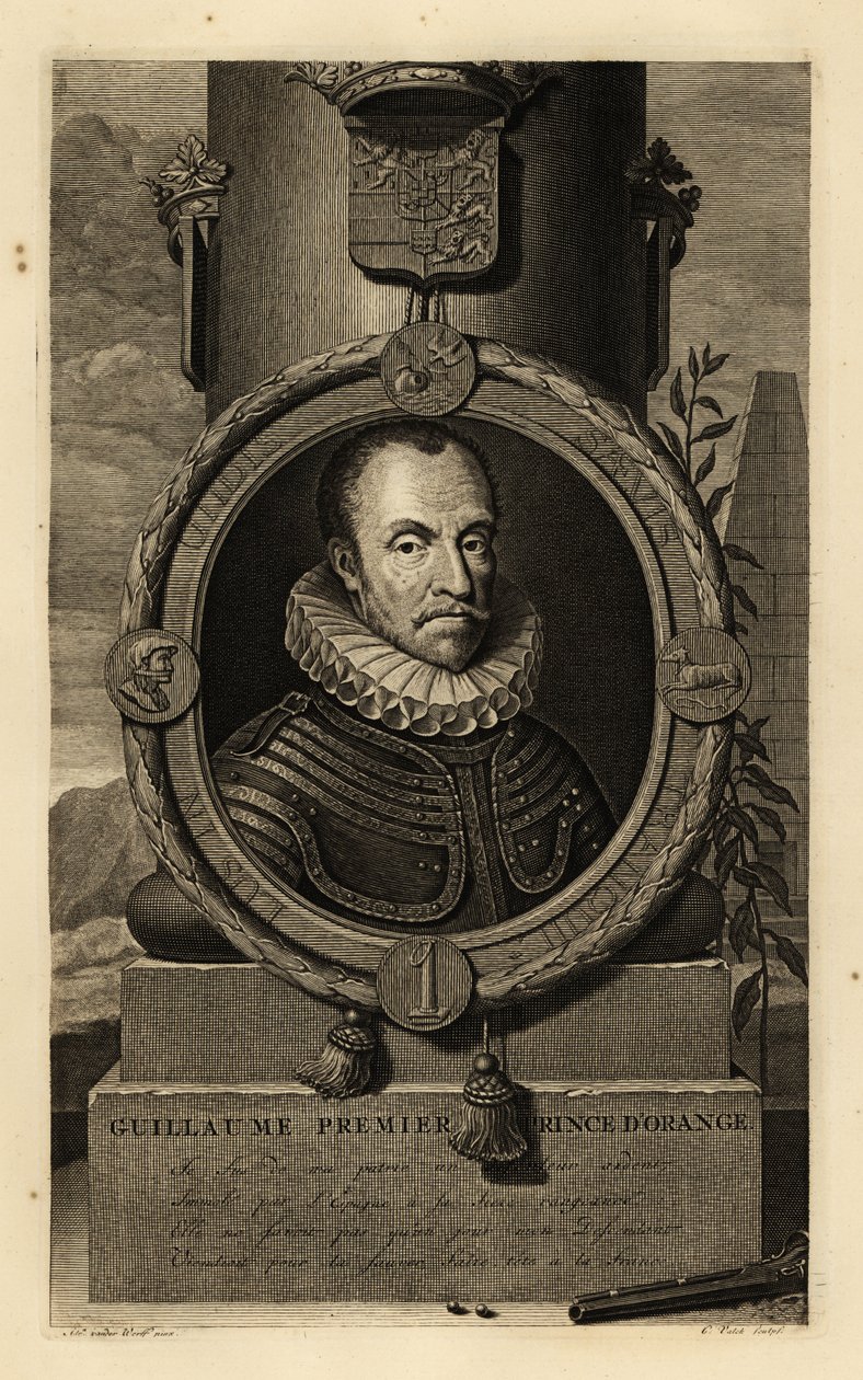 William I, Prince of Orange, William the Silent eller William the Tyse. Guillaume, Premiär Prince d’Orange. I rustning med spetskrage, vapen ovanför, flintlåspistol och blyhagel under. Kopparstick av Gerard Valck efter Adriaen va av Adriaan van der (after) Werff