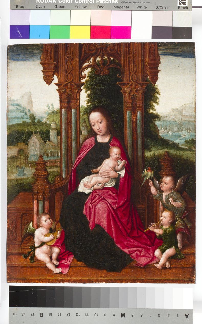 Madonna och barn med änglar, ca 1510-20 (tempera och olja på panel) av Adriaen Isenbrandt or Isenbrant