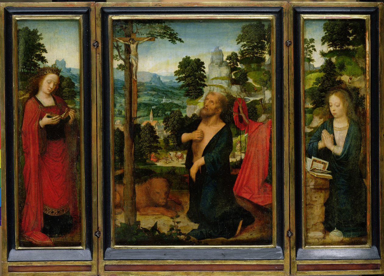 Triptyk med den helige Hieronymus, den heliga Katarina och Maria Magdalena av Adriaen Isenbrandt or Isenbrant