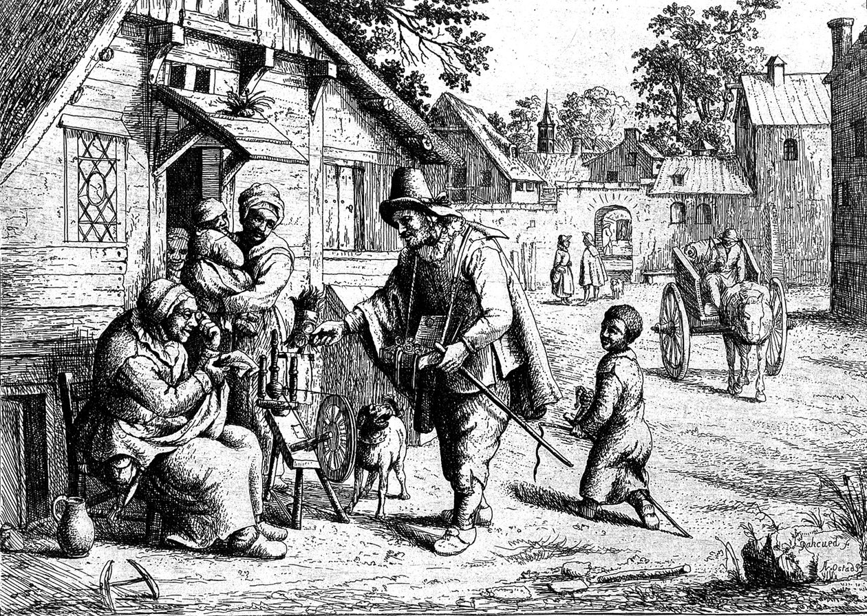 A spectacle pedlar showing his wares to an old woman av Adriaen Jansz. van Ostade