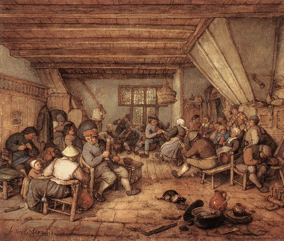 Dansende, drinkende en musicerende boeren in een herberg av Adriaen Jansz. van Ostade