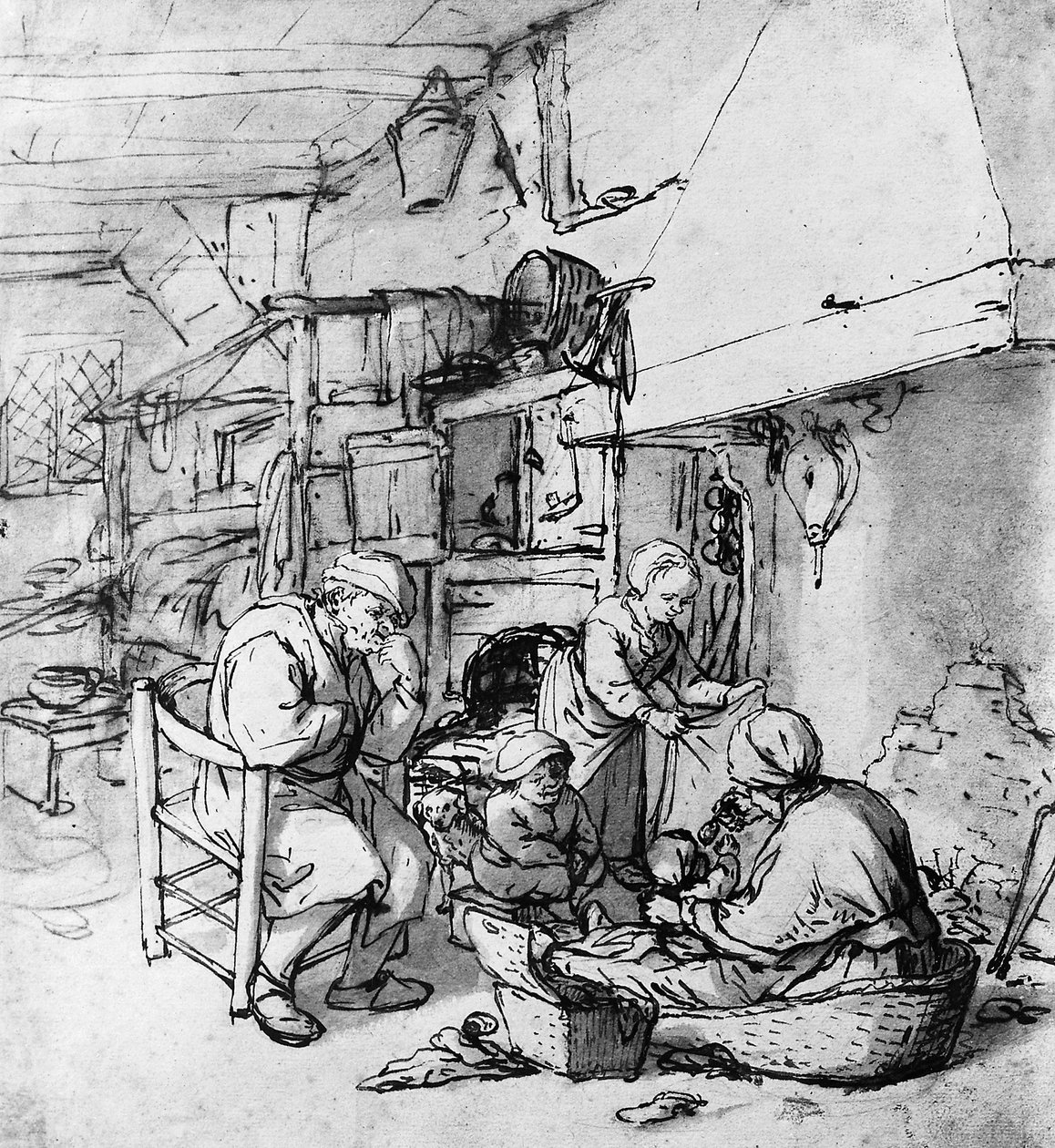 Mother feeding new born baby with spoon av Adriaen Jansz. van Ostade