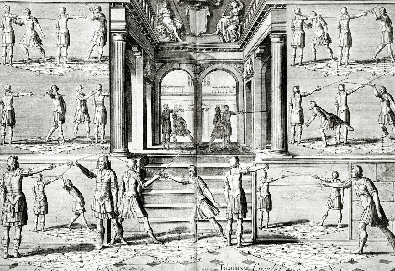 Fäktningslektionen (bw-bild) av Adriaen Matham