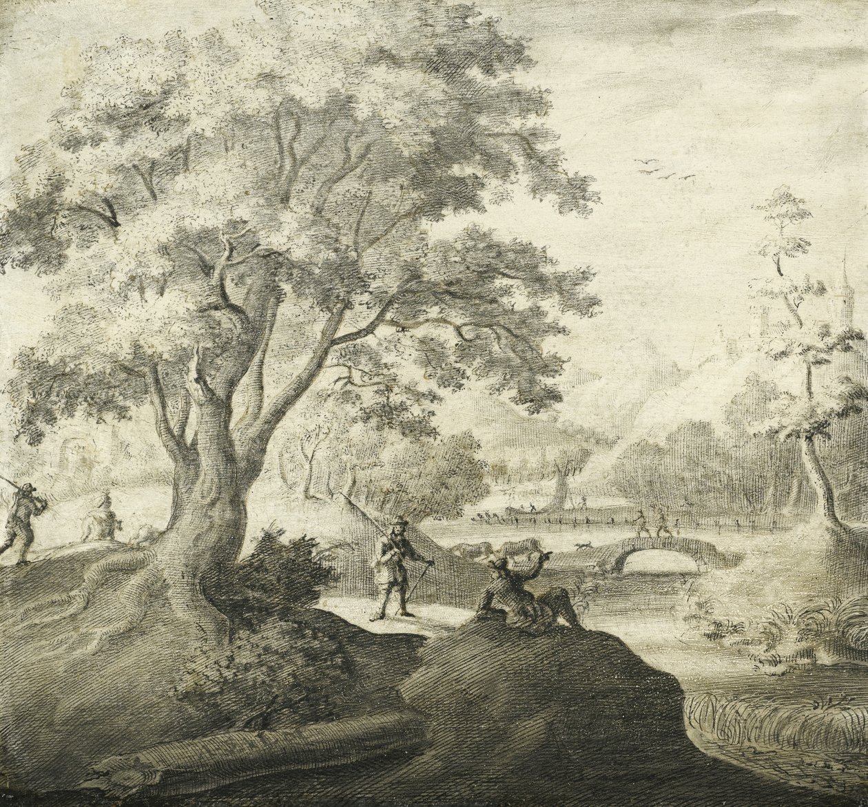 River landscapes with persons resting along a path av Adriaen van Salm
