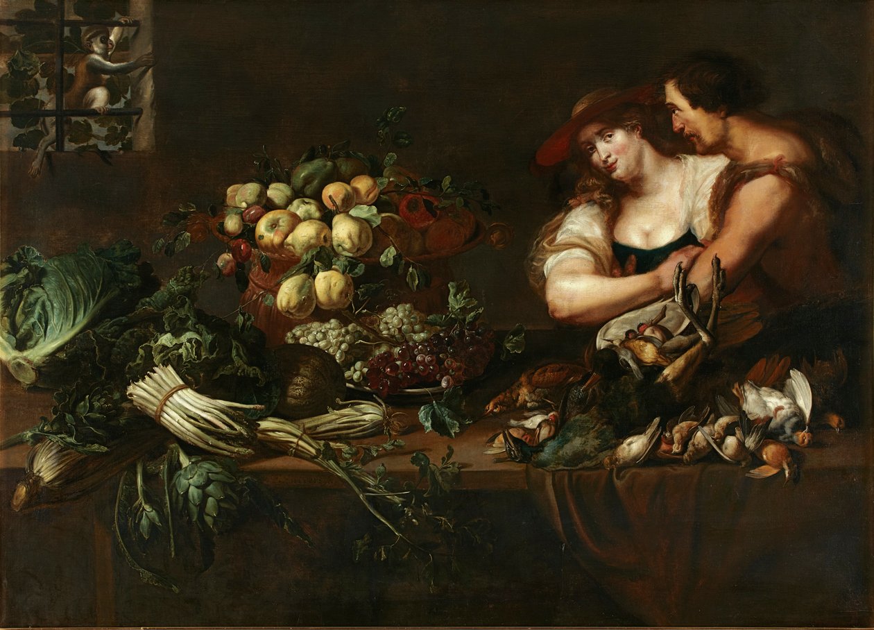 Ett kök stilleben med figurer av Adriaen van Utrecht