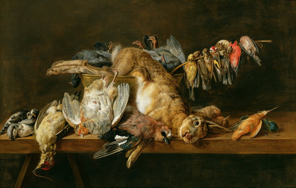Stilleben med döda fåglar och en hare på ett bord, 1647 av Adriaen van Utrecht