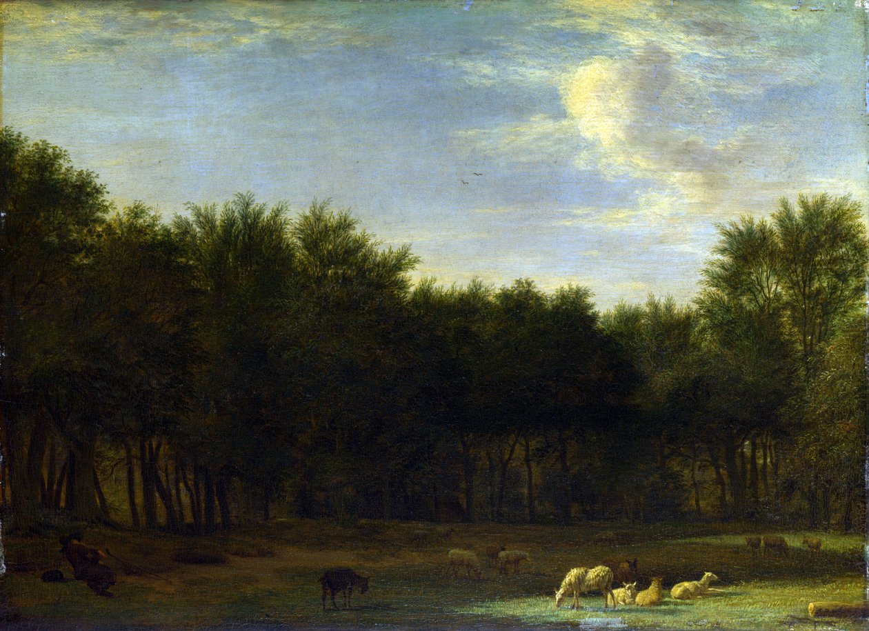 The Edge of a Wood, with a Sleeping Shepherd, Sheep and Goats av Adriaen van de Velde