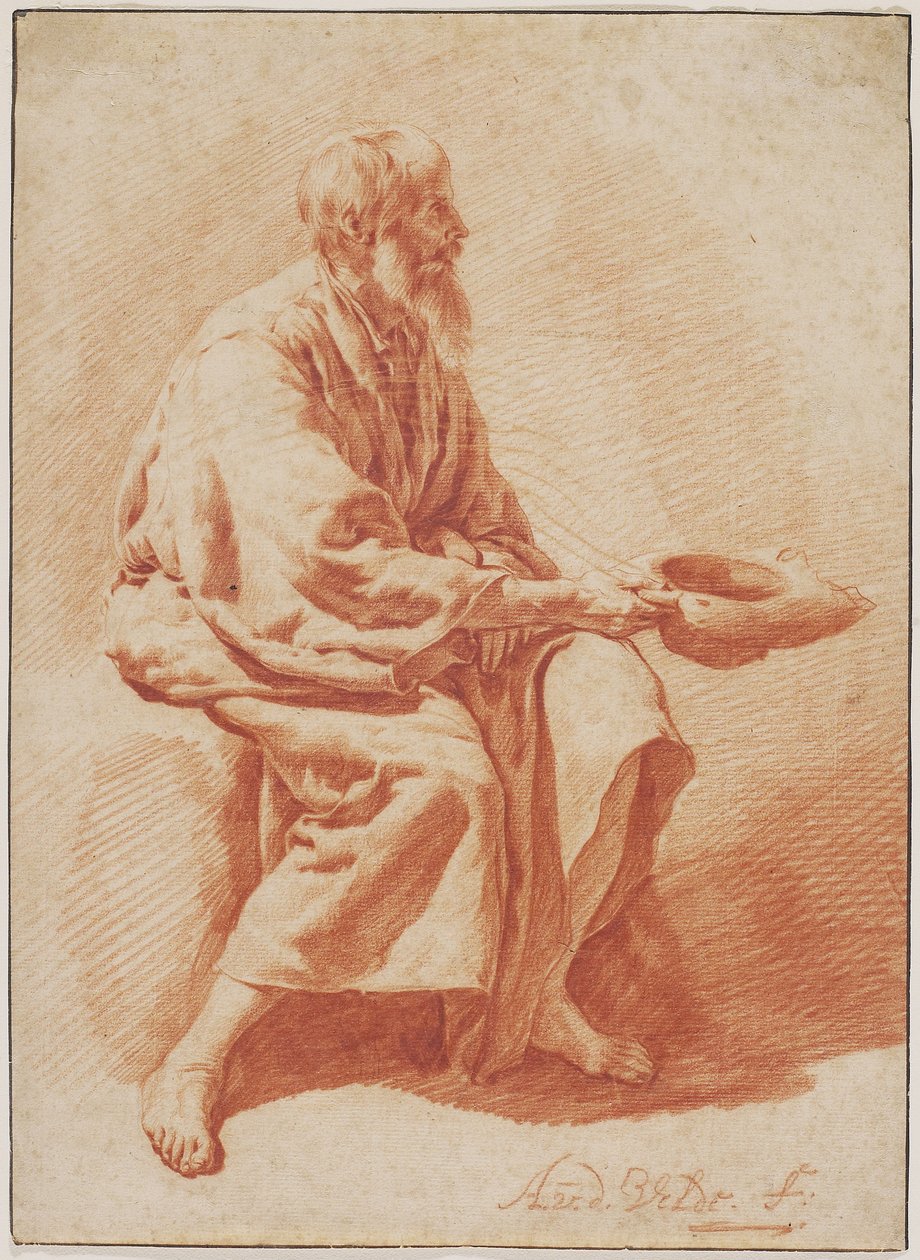 Sittande gammal man, ca 1666 (röd krita med spår av svart krita på lagt papper) av Adriaen van de Velde
