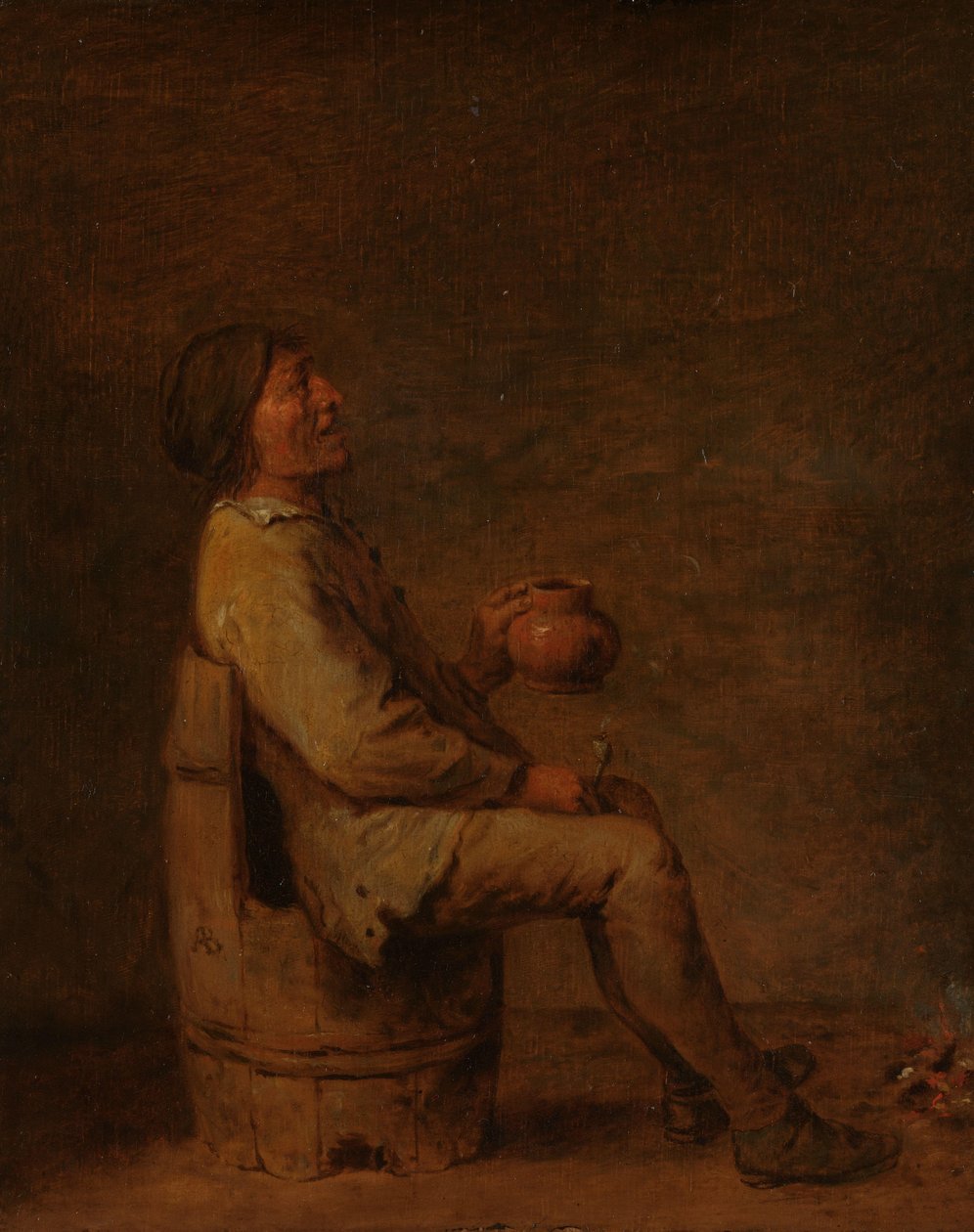 Man sitter och håller ett rör och en kanna i en interiör av Adriaen Brouwer (possibly copy after)