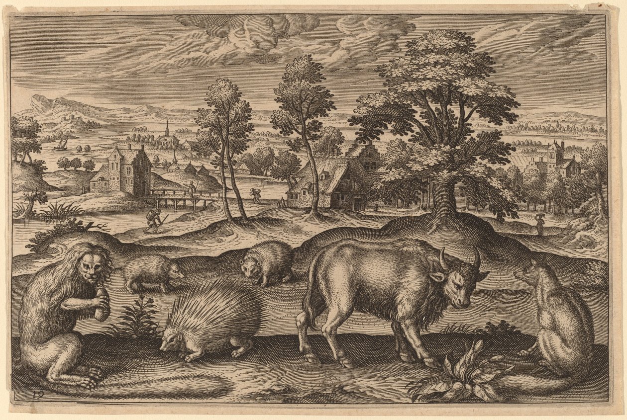 En apa, ett piggsvin, två igelkottar, en buffel och en räv av Adriaen Collaert