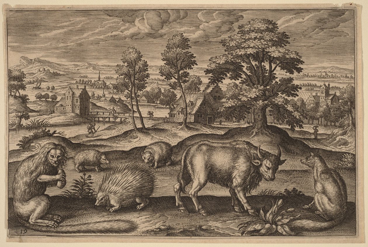 En apa, en piggsvin, två igelkottar, en buffel och en räv av Adriaen Collaert