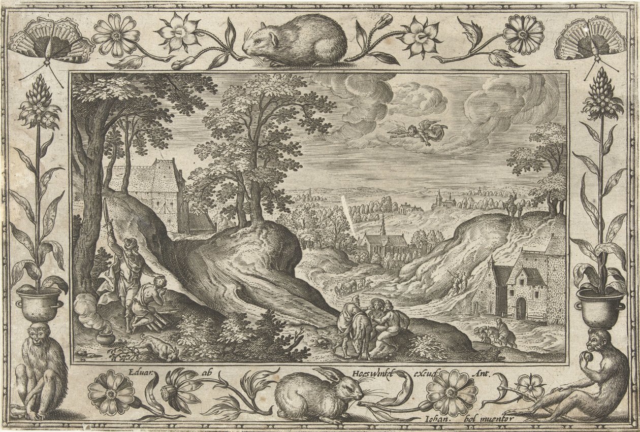 Abraham offrar Isak Landskap med bibliska, mytologiska scener och jaktscener (serietitel) av Adriaen Collaert