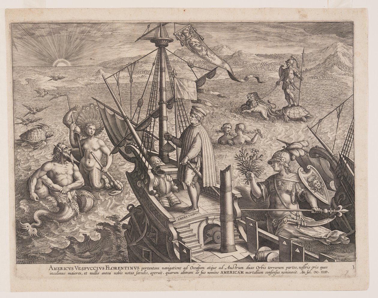 Amerigo Vespucci på sitt skepp, från Americae Retectio (Upptäckten av Amerika) av Adriaen Collaert