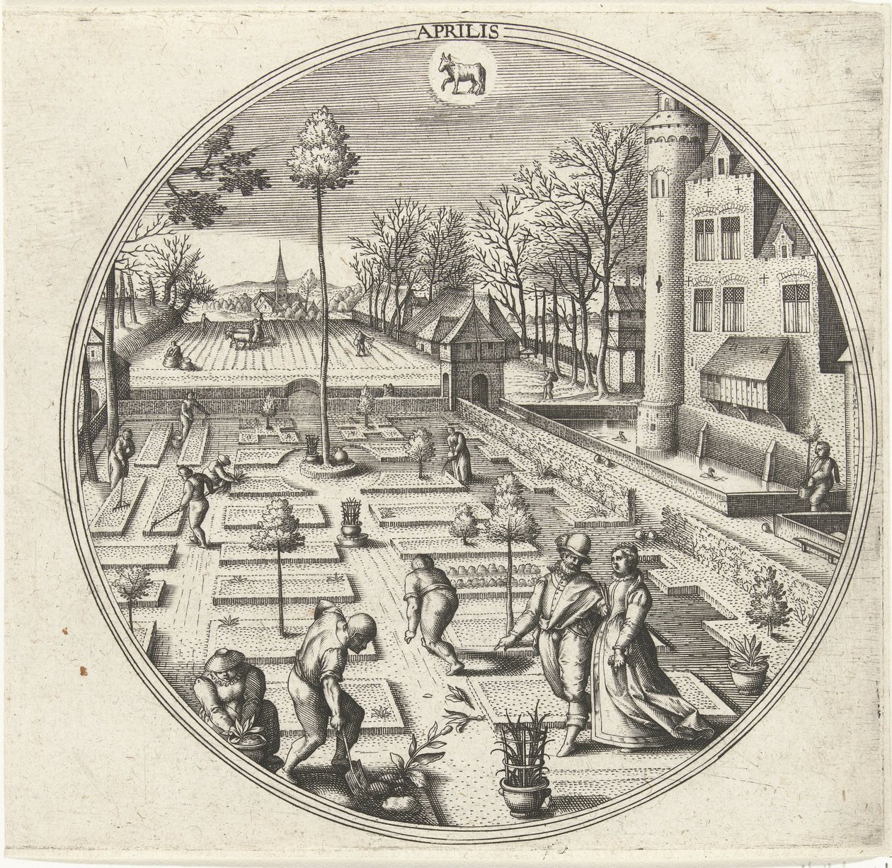 april Aprilis (titel på objekt) De tolv månaderna (serietitel) av Adriaen Collaert