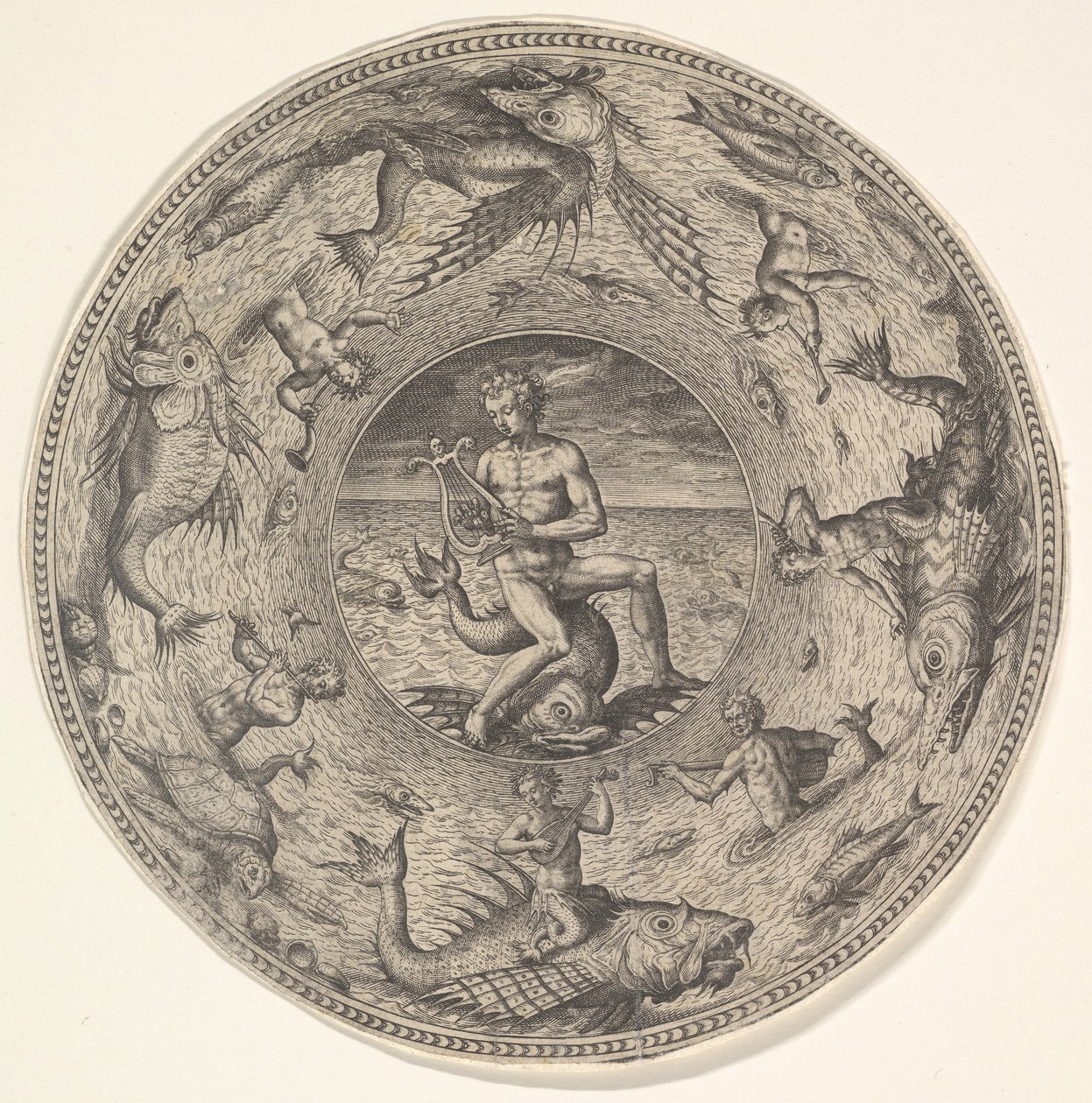Arion på en delfin omgiven av en gräns dekorerad med havsdjur, från en uppsättning av..., 1580-1600. av Adriaen Collaert