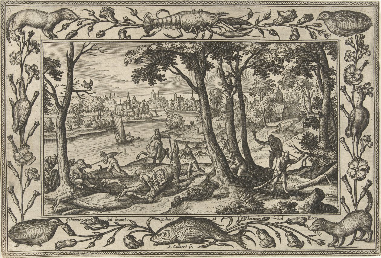björnjakt Landskap med bibliska, mytologiska scener och jaktscener (serietitel) av Adriaen Collaert