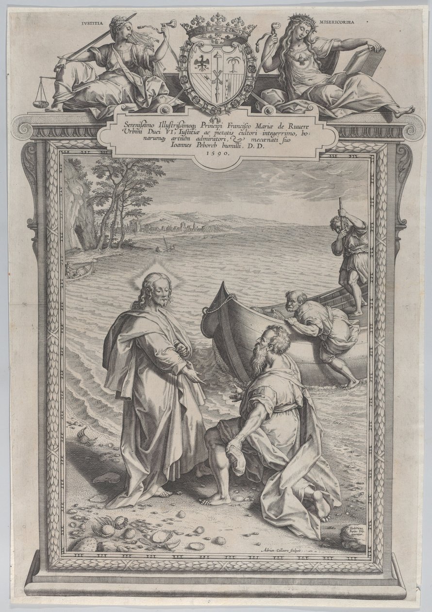 Kristus kallar Saint Andrew, som knäböjer framför honom på en strand, och Saint Peter, som klättrar..., 1590. av Adriaen Collaert