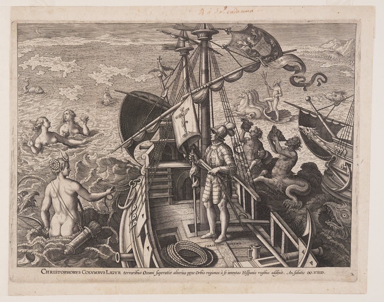 Christofer Columbus på sitt skepp, från Americae Retectio (Upptäckten av Amerika) av Adriaen Collaert