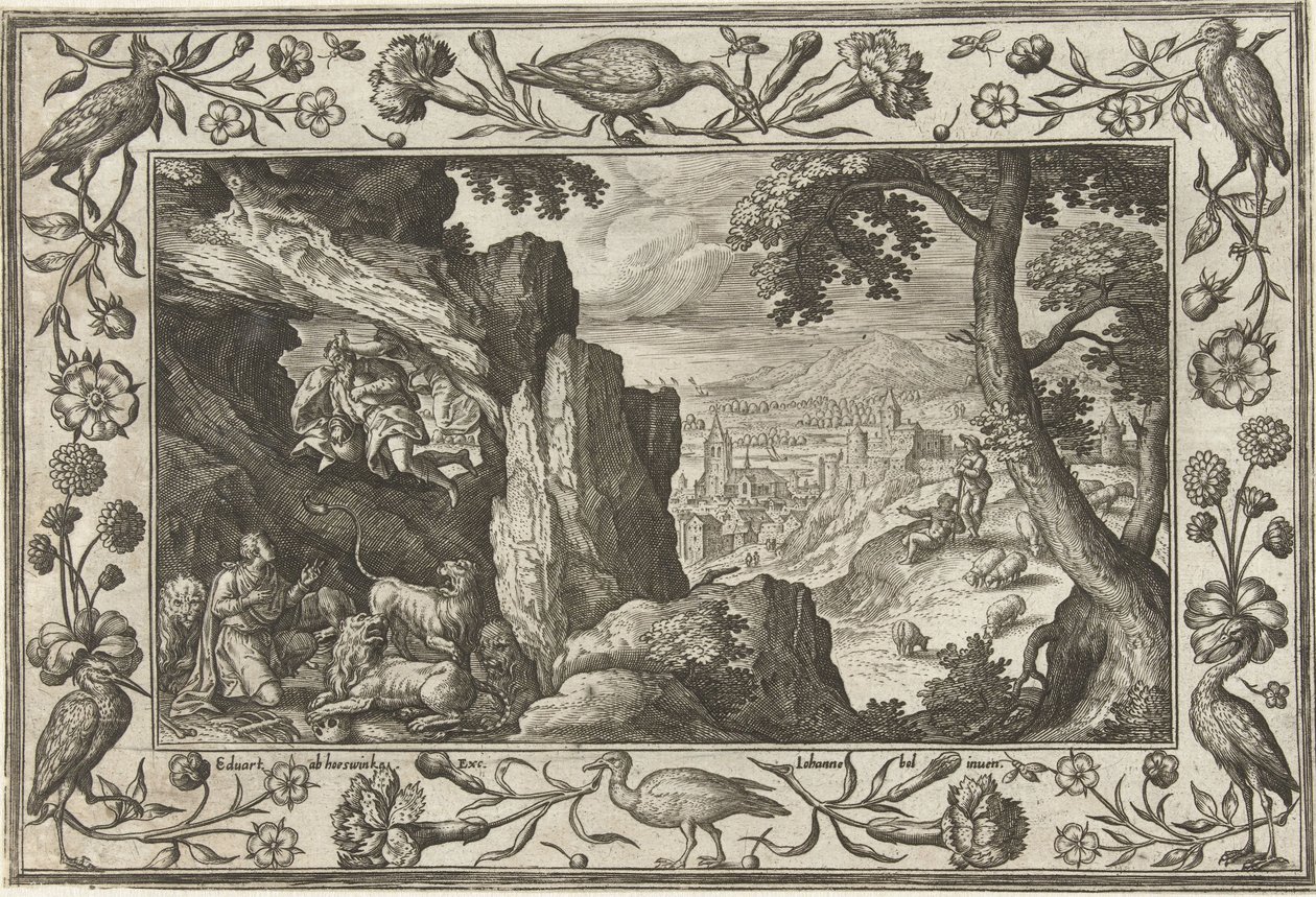 Daniel i lejonets håla Landskap med bibliska, mytologiska scener och jaktscener (serietitel) av Adriaen Collaert