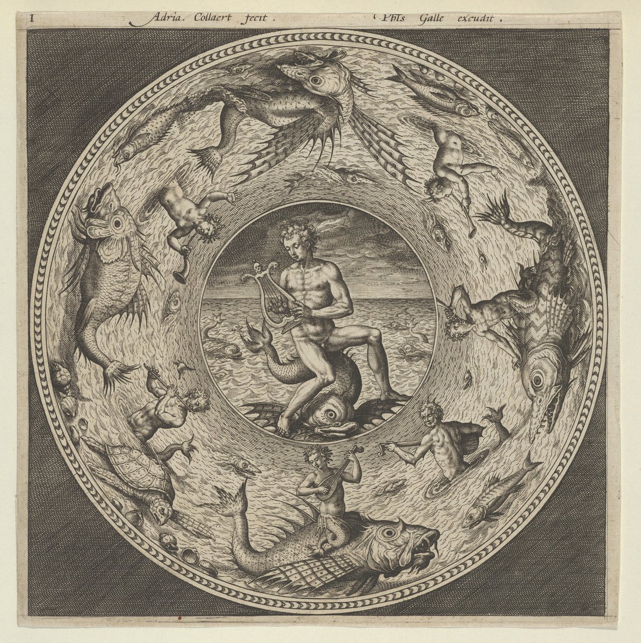 Design för en tallrik med Arion som rider på en delfin i en medaljong kantad av havsmonster..., c1600. av Adriaen Collaert