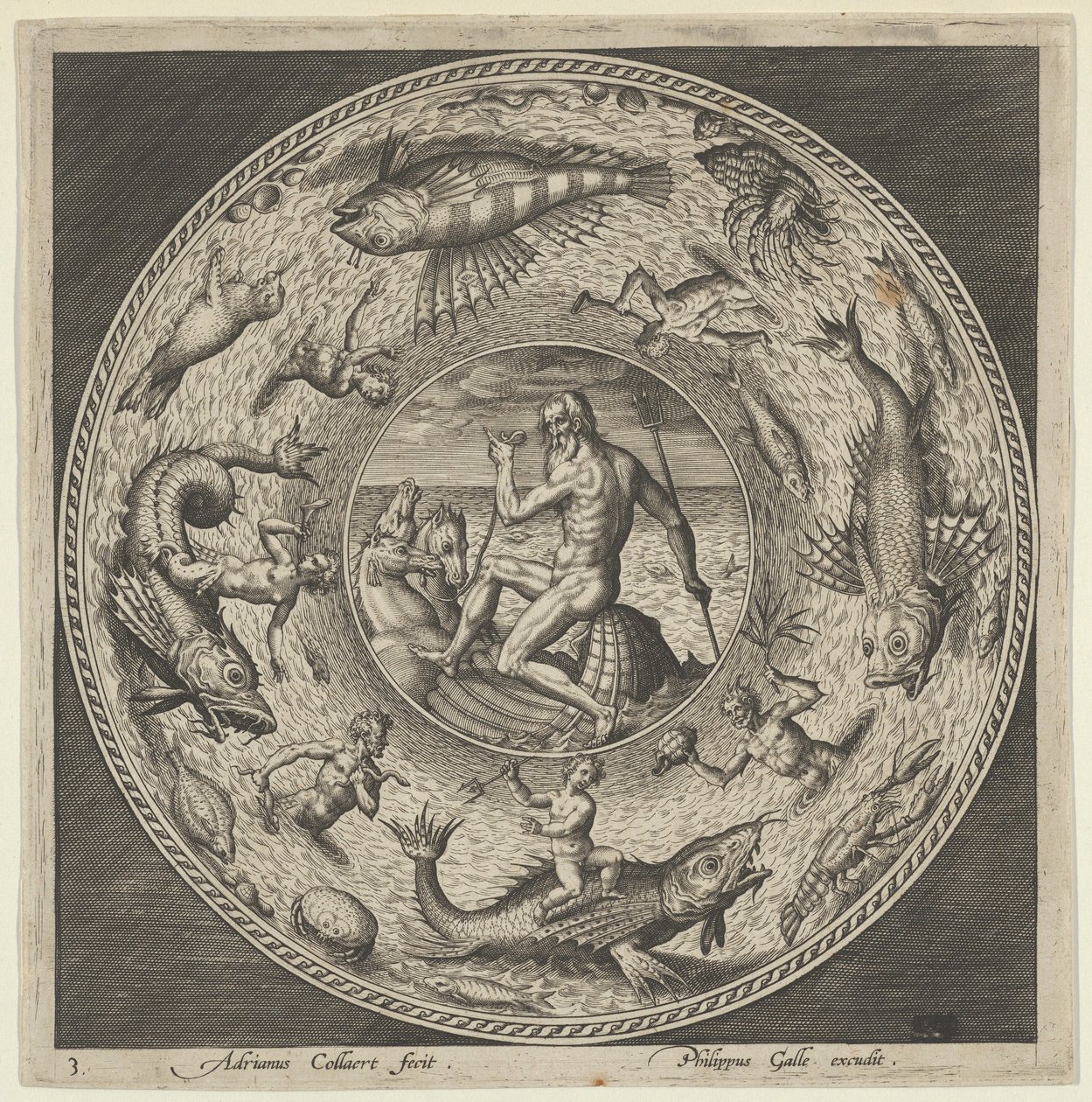 Design för en tallrik med Neptunus i ett skal tecknat av hästar i en medaljong kantad av ..., c1600. av Adriaen Collaert
