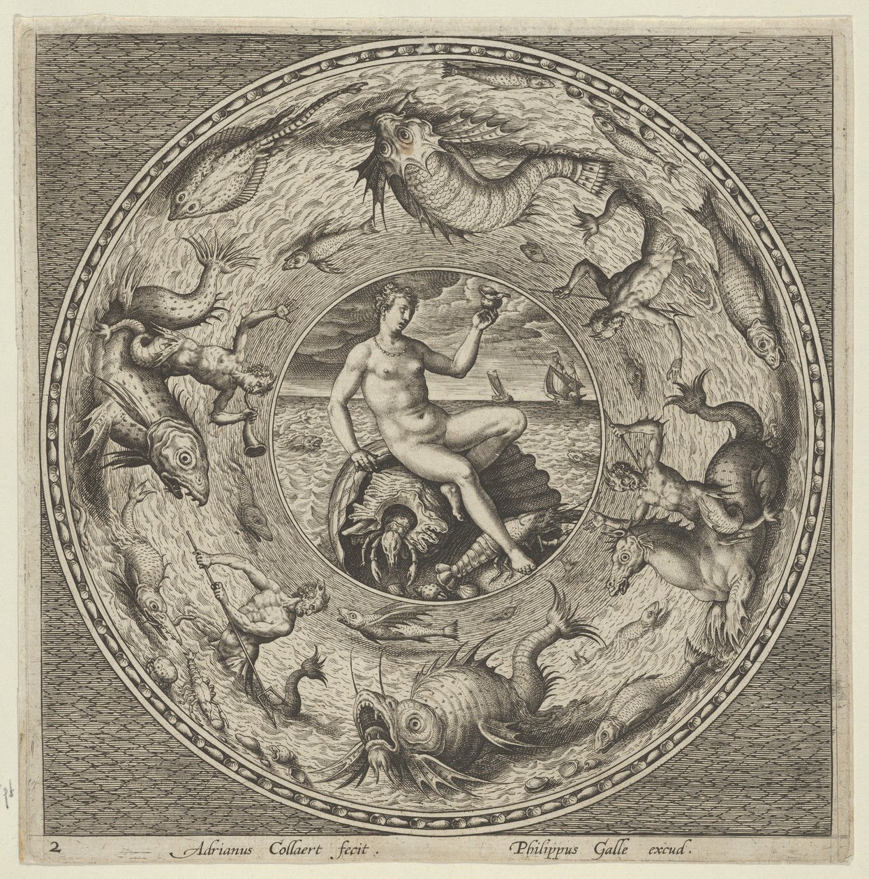 Design för en tallrik med Thetis på ett skal i en medaljong kantad av havsmonster, c1600. av Adriaen Collaert