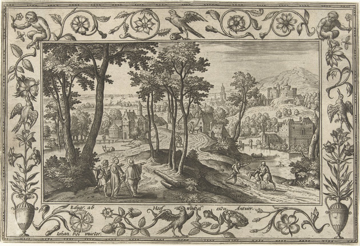 Emmaus pilgrimer Landskap med bibliska, mytologiska scener och jaktscener (serietitel) av Adriaen Collaert