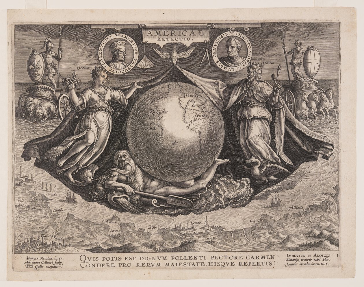 Frontispiece, från Americae Retectio (Upptäckten av Amerika) av Adriaen Collaert