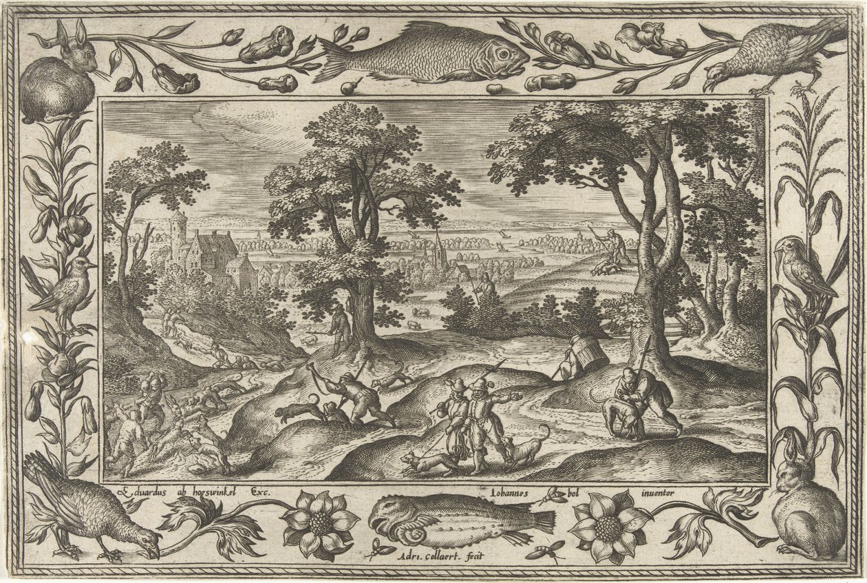 harjakt Landskap med bibliska, mytologiska scener och jaktscener (serietitel) av Adriaen Collaert