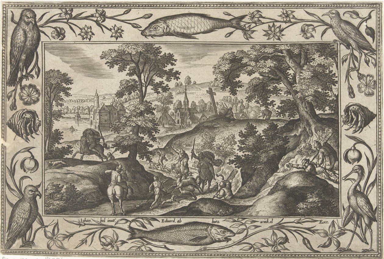 hjortjakt Landskap med bibliska, mytologiska scener och jaktscener (serietitel) av Adriaen Collaert