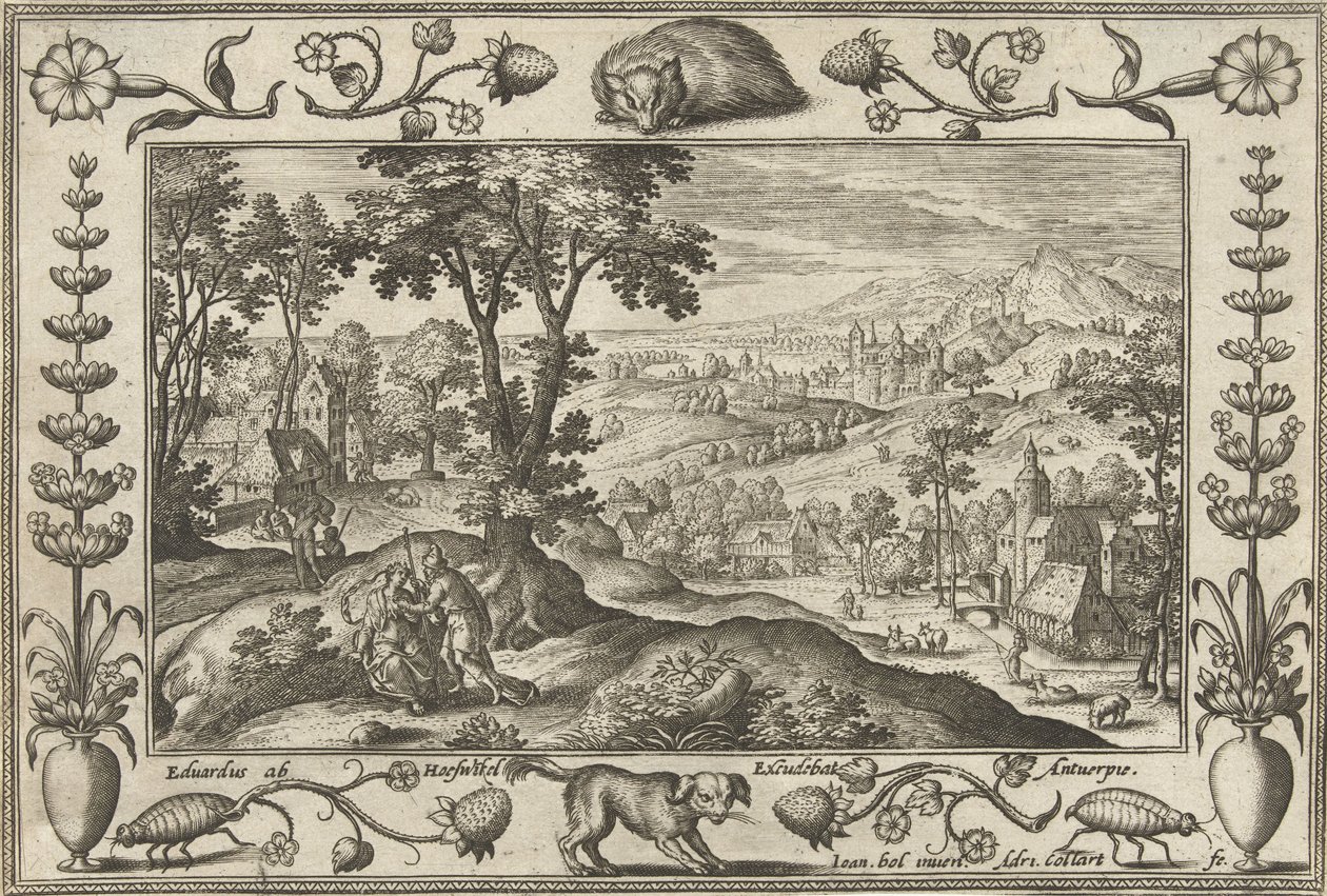 Juda och Tamar Landskap med bibliska, mytologiska scener och jaktscener (serietitel) av Adriaen Collaert