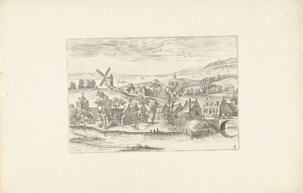 Landskap med en flod och en väderkvarn Landskap runt Antwerpen (serietitel) av Adriaen Collaert