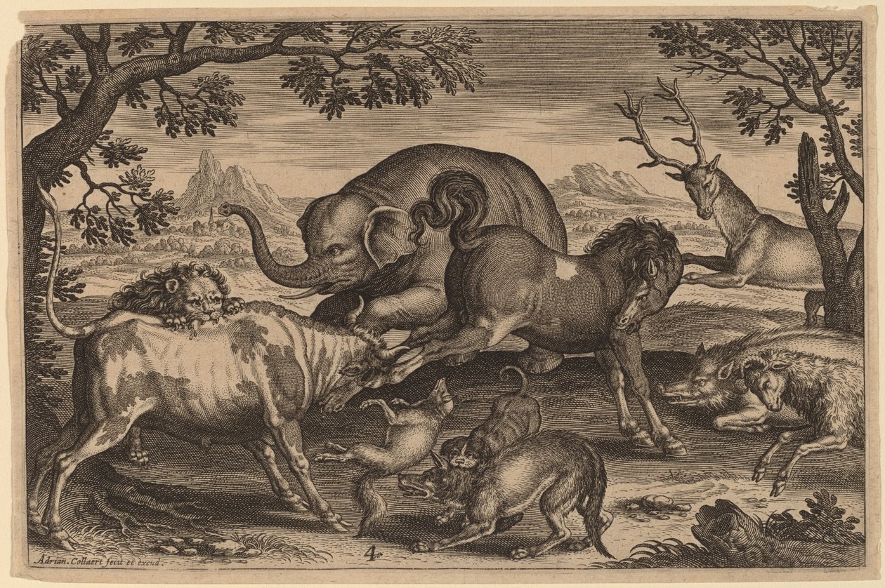 Lejon, tjur, räv, varg, hund, boer, get, häst, elefant och rådjur av Adriaen Collaert