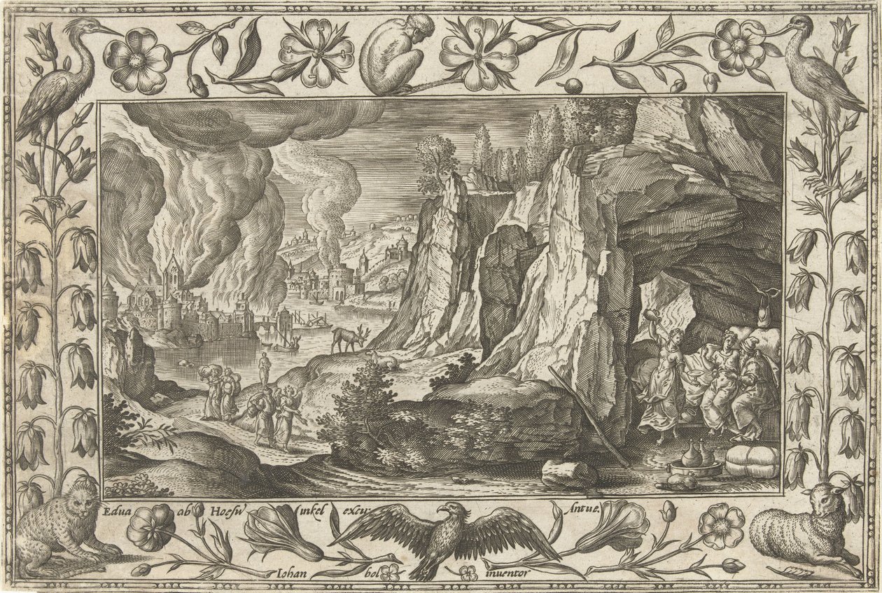 Lot och hans döttrar Landskap med bibliska, mytologiska scener och jaktscener (serietitel) av Adriaen Collaert