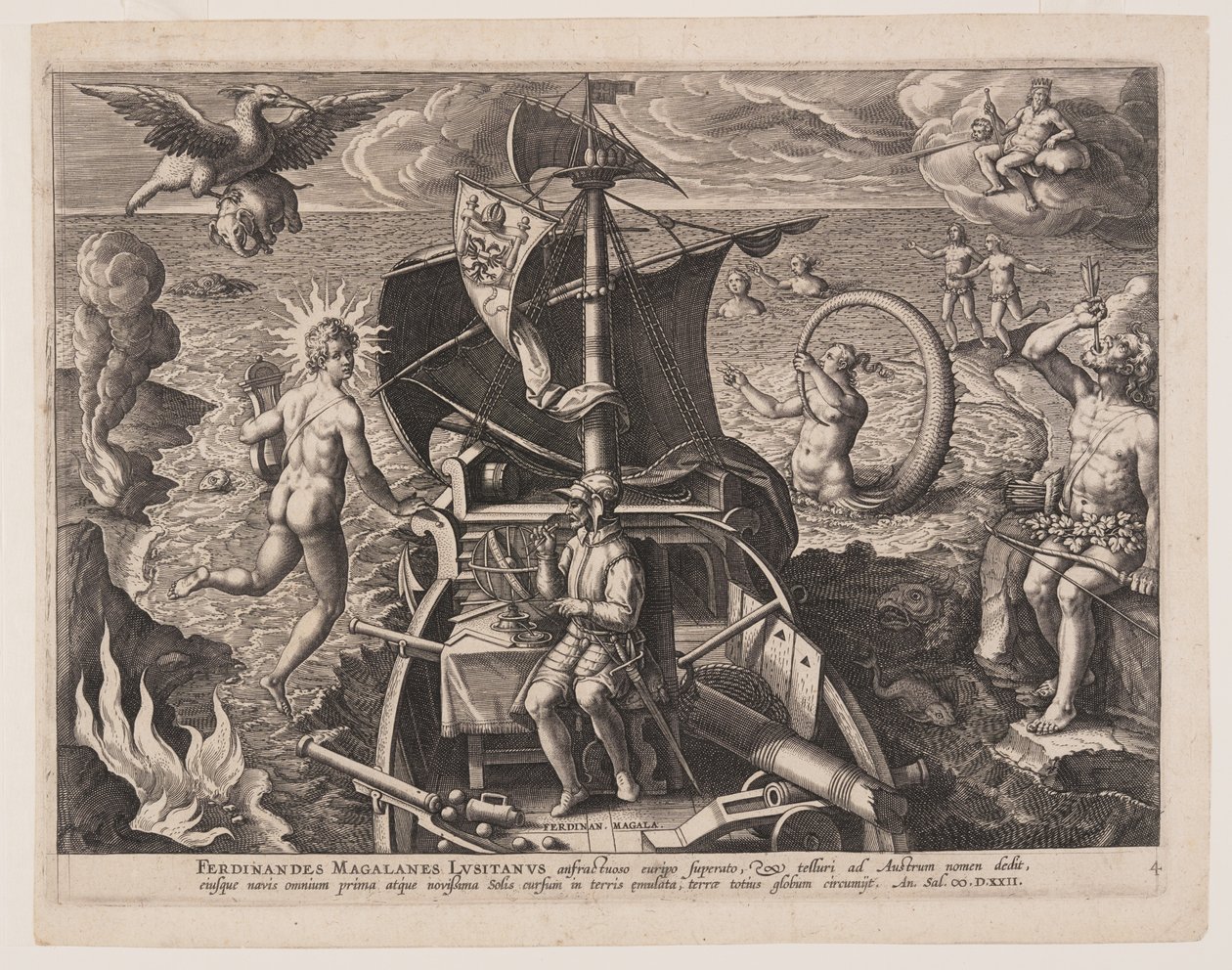 Magellan sittande på däck, från Americae Retectio av Adriaen Collaert
