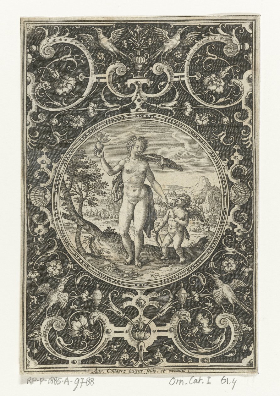 Medaljong med Venus och Amor i en ram av grotesker med blommor, girlanger, djur och mascarons Medaljonger med figurer från Judgment of Paris (serietitel) av Adriaen Collaert