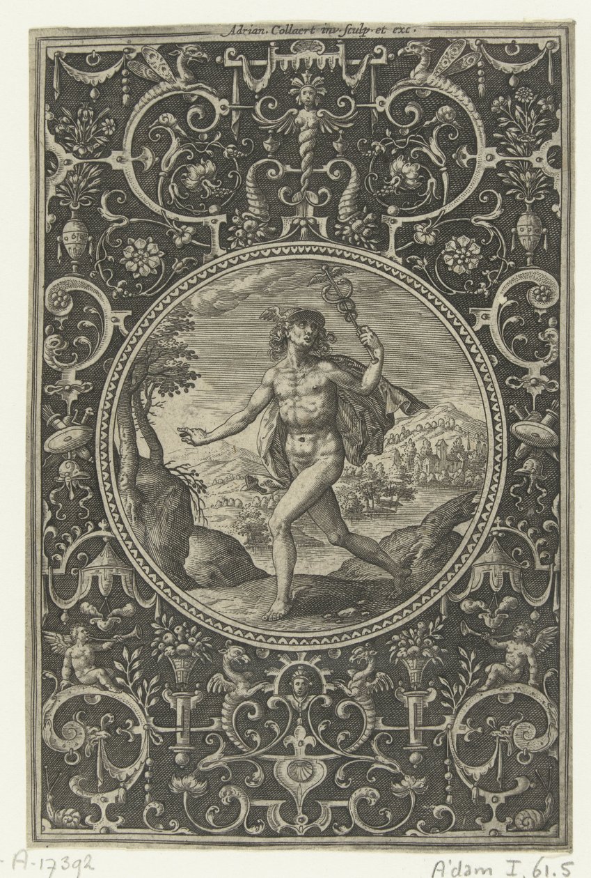 Medaljong där Merkurius med sin stav i handen Medaljonger med figurer från Judgment of Paris (serietitel) av Adriaen Collaert