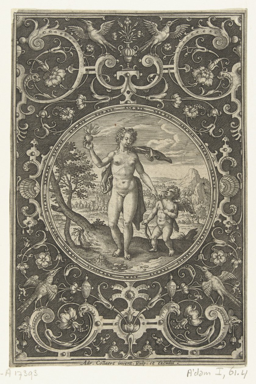 Medaljong där Venus med Parisäpplet i handen och Amor vid sin sida Medaljonger med figurer från Judgment of Paris (serietitel) av Adriaen Collaert