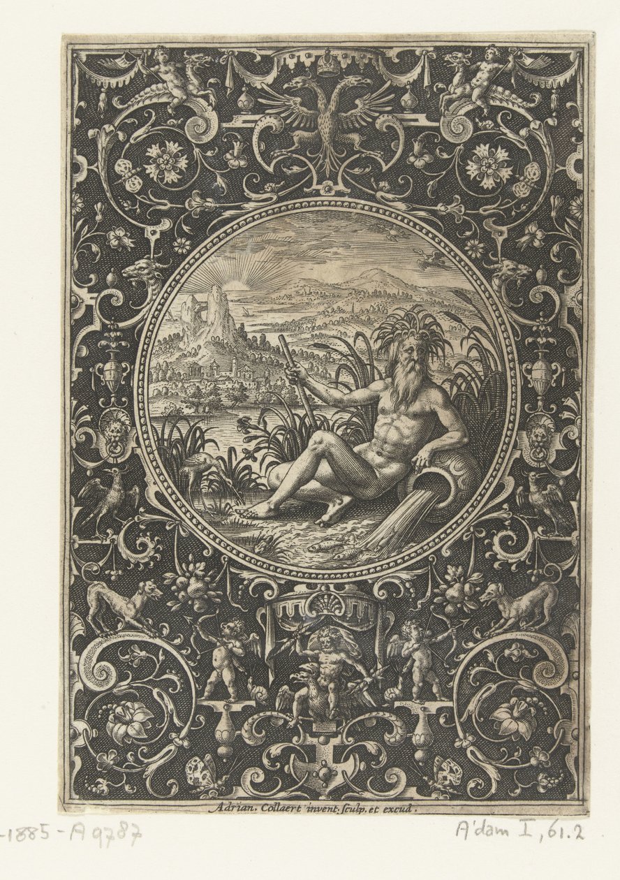 Medaljong där en flodgud Medaljonger med figurer från Judgment of Paris (serietitel) av Adriaen Collaert