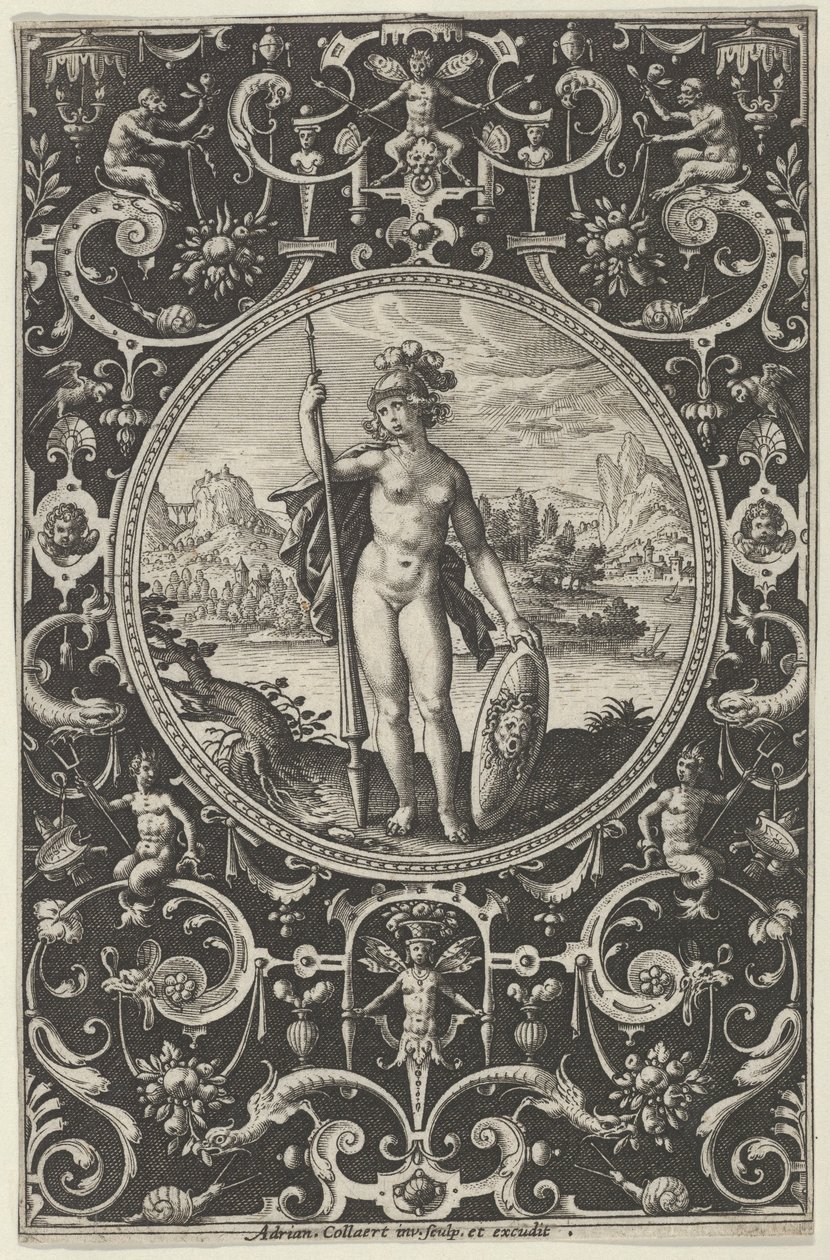 Minerva i en dekorativ ram med grotesker, från domen i Paris, c1580-1600. av Adriaen Collaert