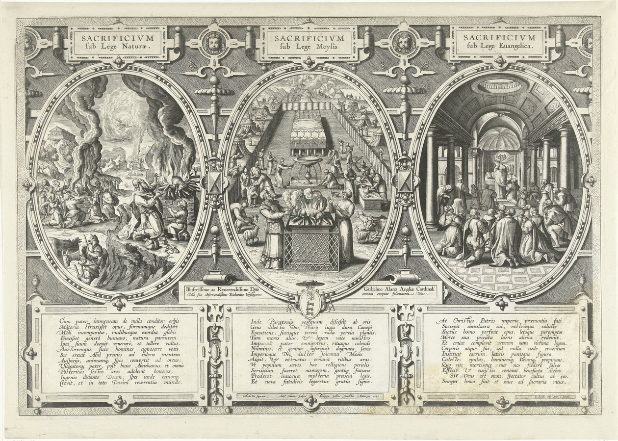 Erbjudanden under de våta av naturen, under de våta från Mozes och under de våta av het Evangelie Offer under naturens lag, offer under Moses lag, offer under evangeliets lag (titel på objektet) av Adriaen Collaert