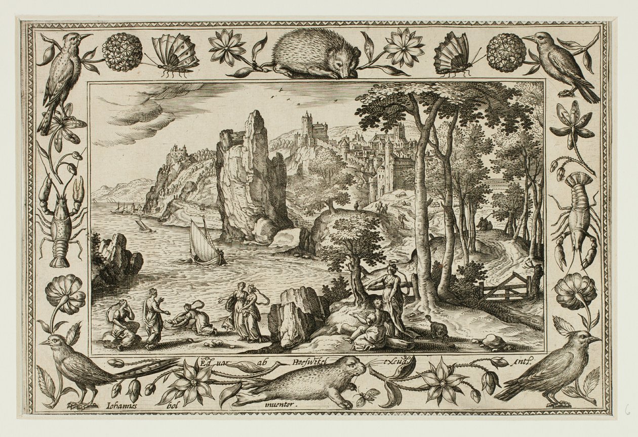 Faraos dotter hittar Moses, ur Landskap med scener ur Gamla och Nya testamentet samt jaktscener av Adriaen Collaert