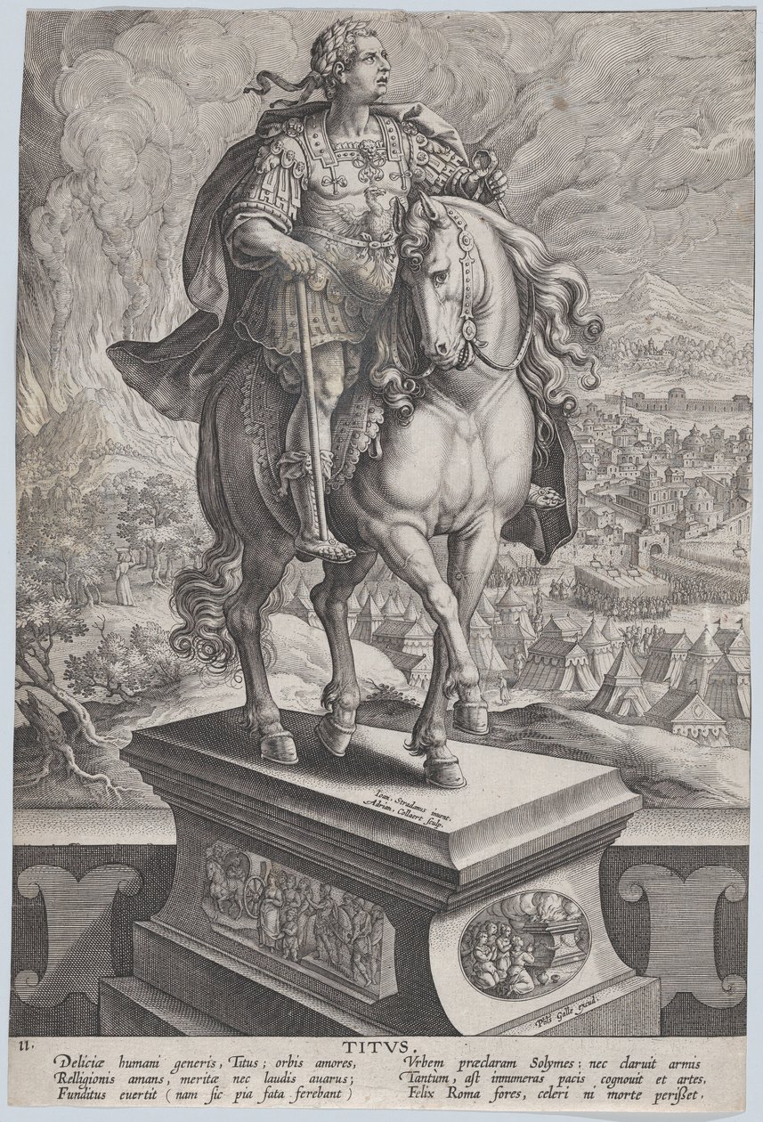 Plåt 11: ryttarstaty av Titus, sedd tre fjärdedelar till höger, Vesuv..., ca. 1587-89. av Adriaen Collaert