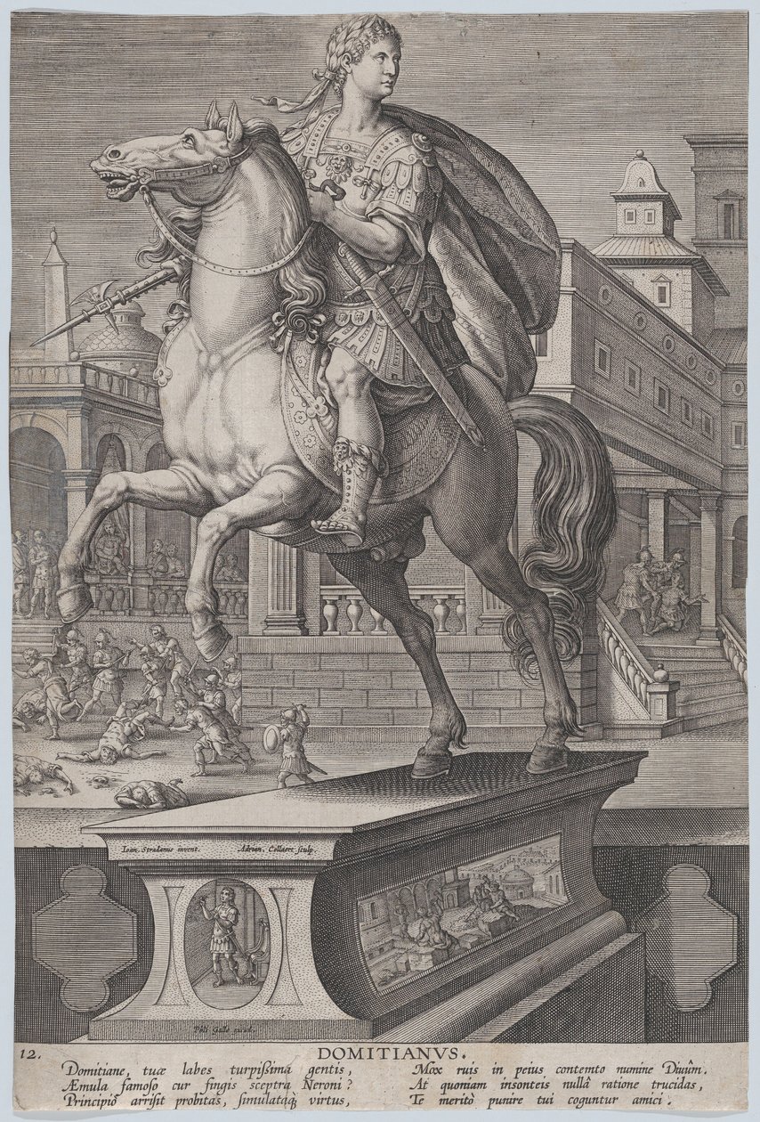 Plåt 12: ryttarstaty av Domitianus, sedd tre fjärdedelar till vänster, med hans ..., ca. 1587-89. av Adriaen Collaert