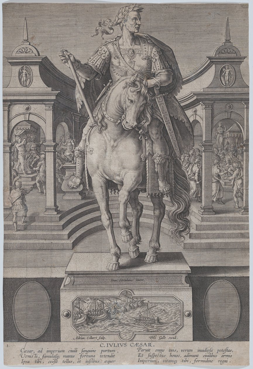 Plåt 1: ryttarstaty av Julius Caesar, sedd framifrån, med en scen av en..., ca. 1587-89. av Adriaen Collaert